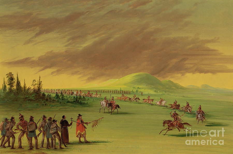 Lasalle meets on the prairie of Texas, a war party of Cenis Indians, April 25th, 1686. Painting by George Catlin