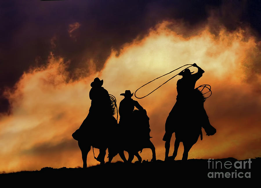 Last Call, Cowboys and Sunset Roping Photograph by Stephanie Laird