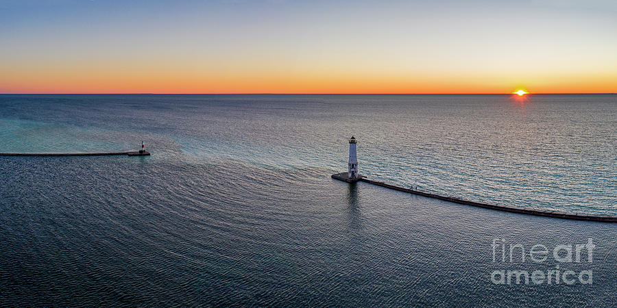 Lighthouse Photograph - Last Light of Day in Frankfort Aerial by Twenty Two North Photography
