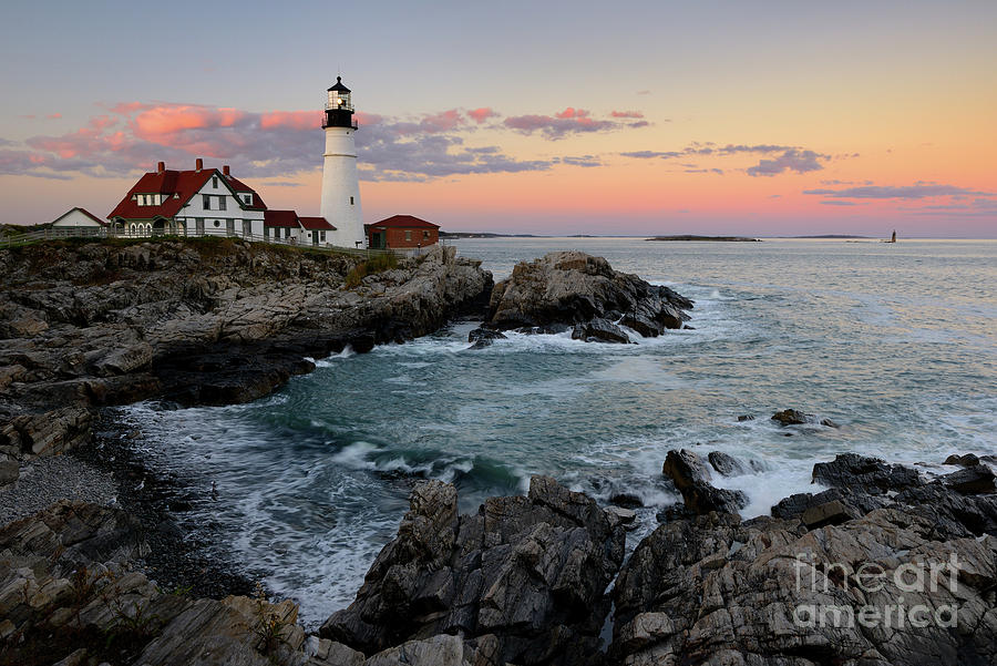 Sunset at Historic Portland Head Lighthouse in Maine Photograph by Tom Schwabel
