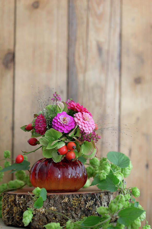 Late Summer Bouquet With Rose Hips Surrounded By Hop Vines Photograph by Iris Wolf