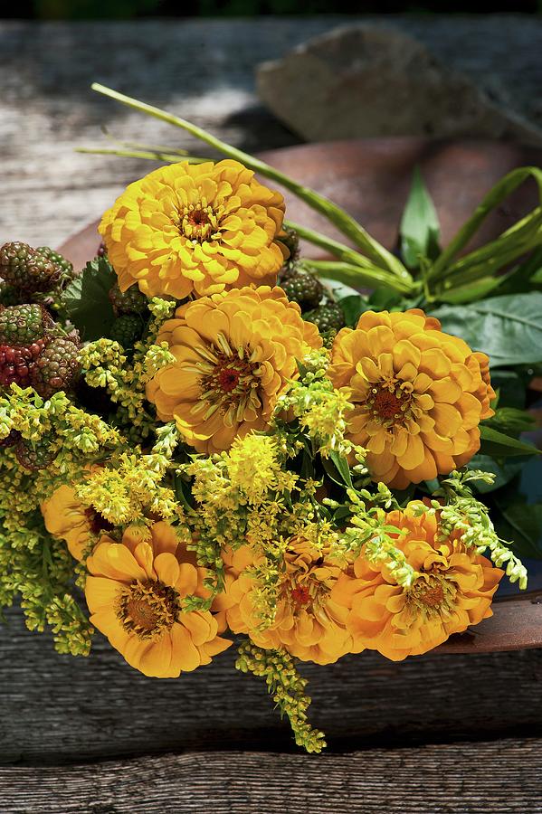 Later Summer Bouquet With Yellow Zinnias Photograph by Elisabeth Berkau