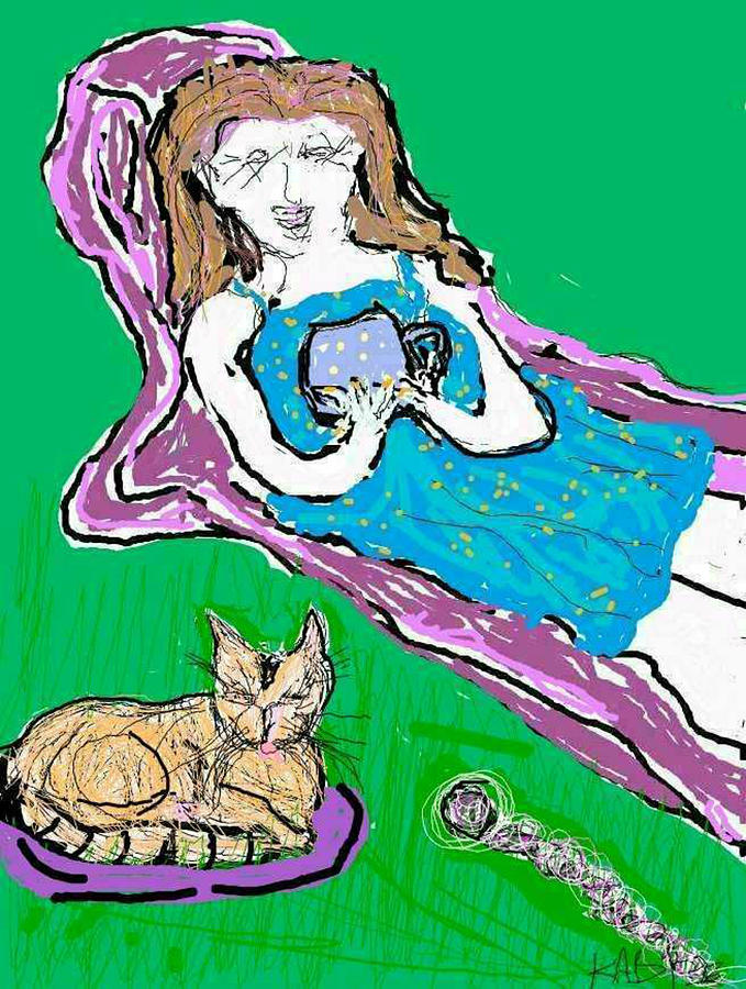 Laughing in a Chaise Lounge with Her Cat Drawing by Kathy Barney