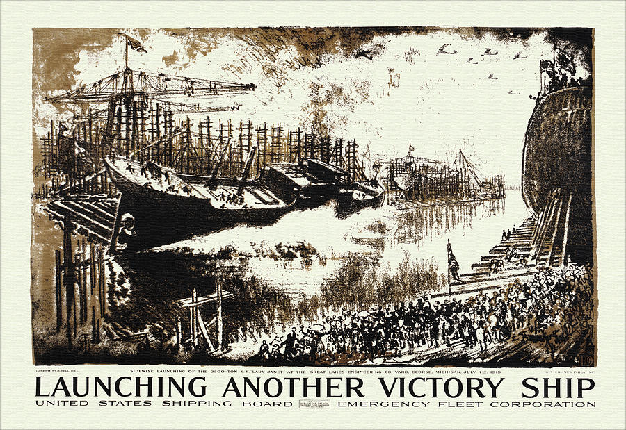 Launching Another Victory Ship Painting by Joseph Pennell