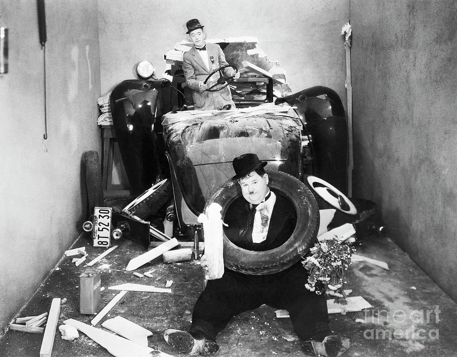 Laurel And Hardy In Movie Car Wreck By Bettmann