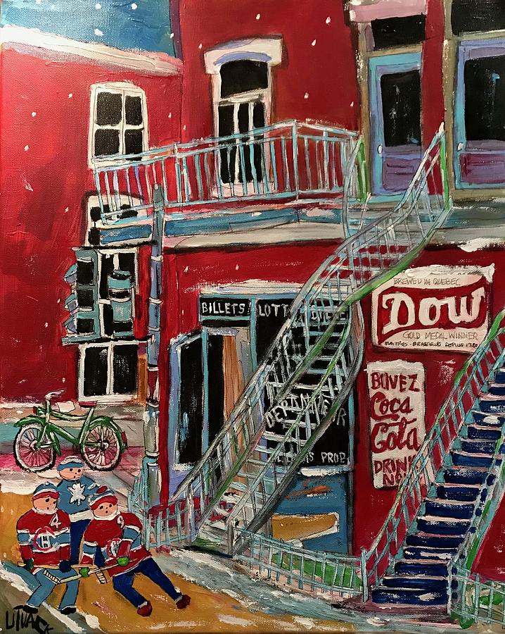 Laurier Balconies Street Hockey Painting by Michael Litvack