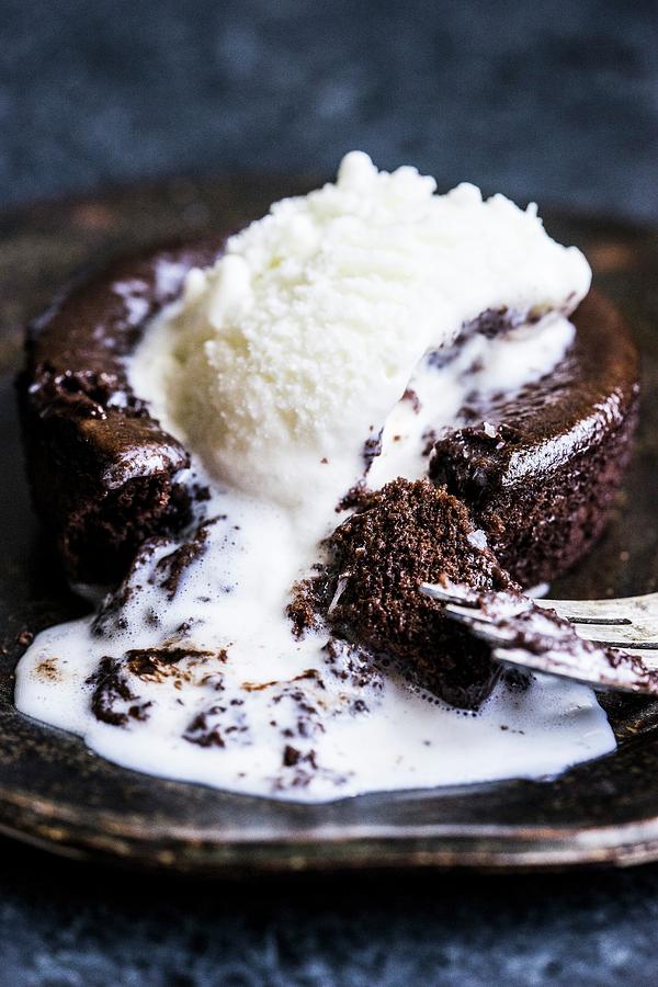 Lava Cake With Hot Chocolate And Vanilla Ice Cream Photograph by Alena Haurylik