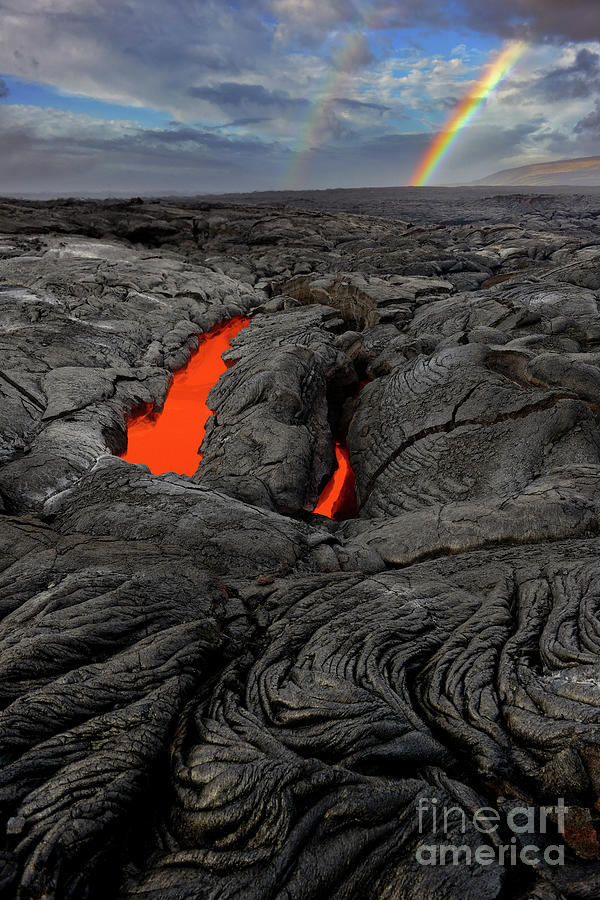 Red Hot Lava and Rainbow in Hawaii Volcanoes National Park Photograph by Tom Schwabel