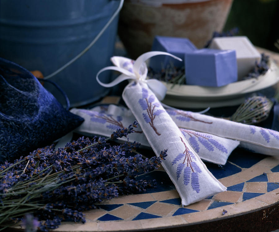 Lavender Bag With Lavender Embroidery, Lavender Soap Photograph by Friedrich Strauss
