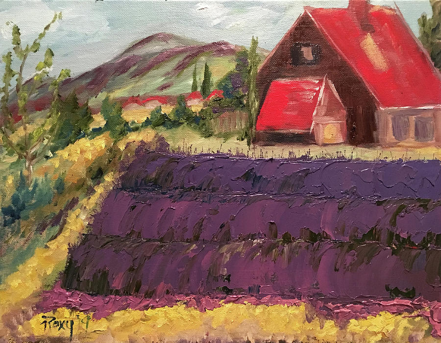 Lavender Farm with Red Barn Painting by Roxy Rich