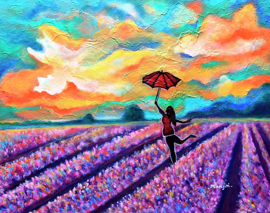 Lavender Field walk-Girl with umbrella Painting by Manjiri Kanvinde