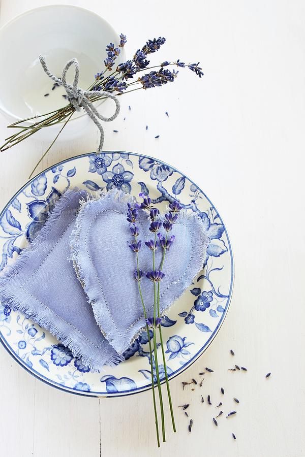 Lavender Flowers And Lavender Bags On Vintage Plate Photograph by Regina Hippel