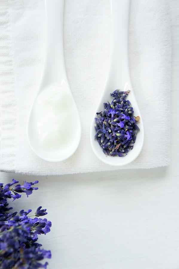 Lavender Flowers And Lavender Cream On Porcelain Spoons Photograph by Martina Schindler