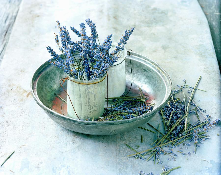Lavender Flowers In Bowl & Glass Pot Photograph by Matthias Hoffmann