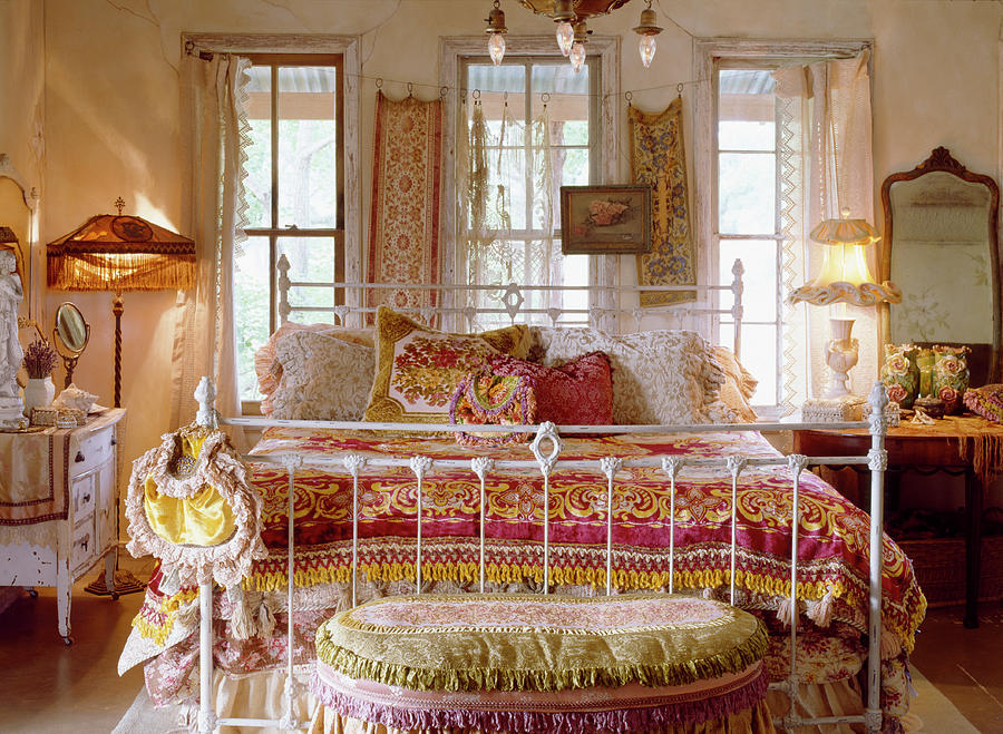 Lavish Textiles On Old Metal Bed In Romantic Bedroom Photograph by Brian Harrison