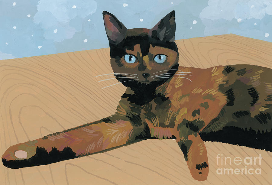 Lay Down At The Desk Tortoiseshell Cat Painting by Hiroyuki Izutsu