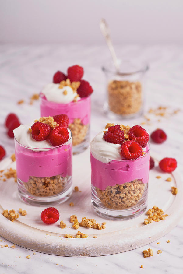 Layered Fit Dessert With Granola, Yoghurt And Raspberries Photograph by Karolina Polkowska