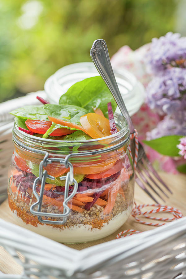Layered Salad With Qunioa And Vegetables In A Jar For A Summer Picnic Photograph by Winfried Heinze