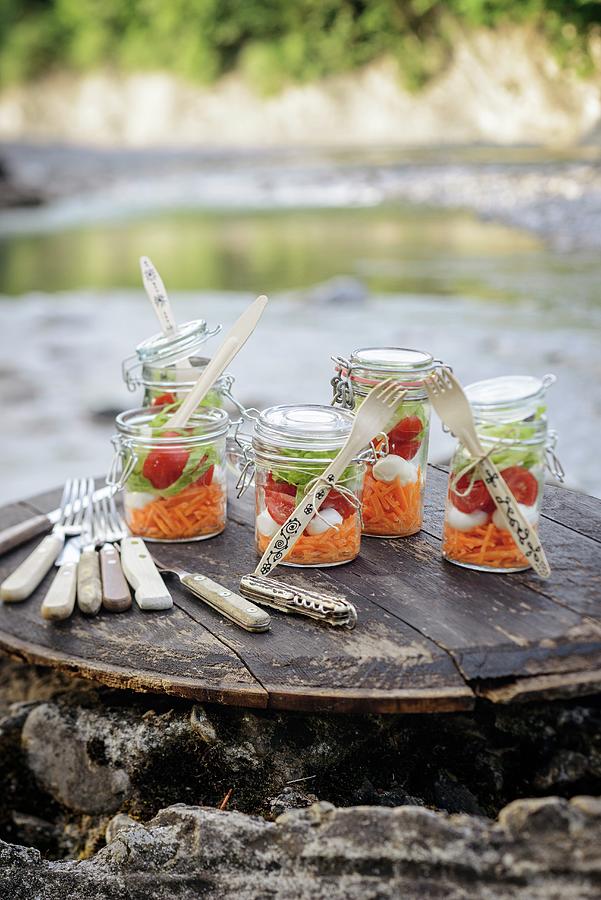 Layered Salads In Mason Jars For River-bank Picnic Photograph by Patsy&christian