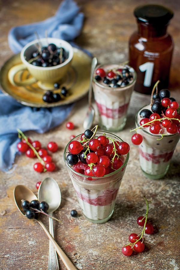 Layered Yoghurt Desserts With Raspberries And Redcurrants Photograph by Olimpia Davies