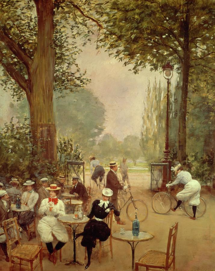 Jean Beraud Painting - Le Chalet du cycle au bois de Boulogne, ac 1880, detail, Oil on canvas, 53, 5 cm x 65 cm. by Jean Beraud -1849-1935-