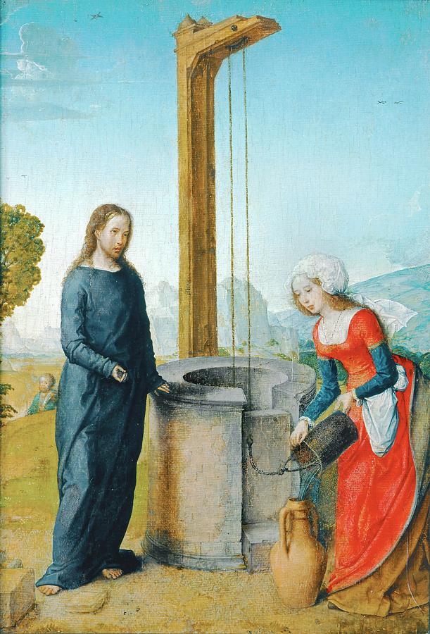 Le Christ et la Samaritaine. Wood, 24 x 17,5 cm RF 2557. Painting by Juan de Flandes -c 1460-c 1519-