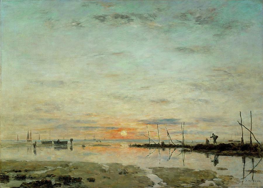 Le Havre, coucher de soleil a mer basse-La Havre, sunset at low tide. Painting by Eugene Boudin -1824-1898-