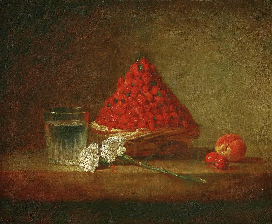 Le panier de fraises des bois - a basket of wild strawberries. Canvas,38 x 46 cm. Painting by Jean Baptiste Simeon Chardin -1699-1779-