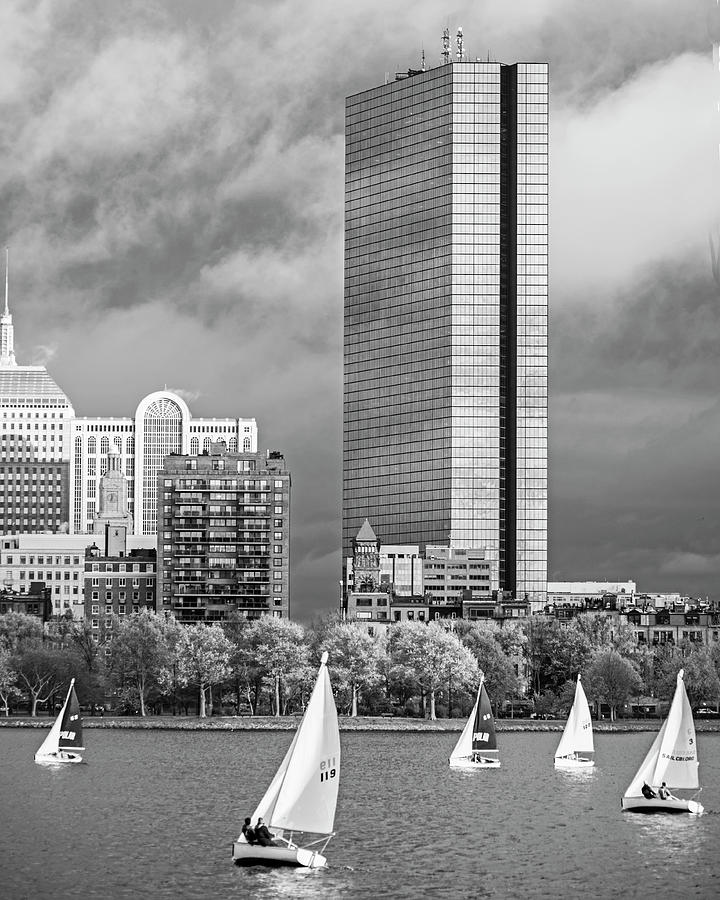 Lean into it- Sailboats by the Hancock on the Charles River Boston MA Black and White Photograph by Toby McGuire