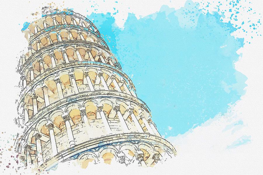 Leaning Pizza Tower, Italy Watercolor By Ahmet Asar Painting by Ahmet Asar