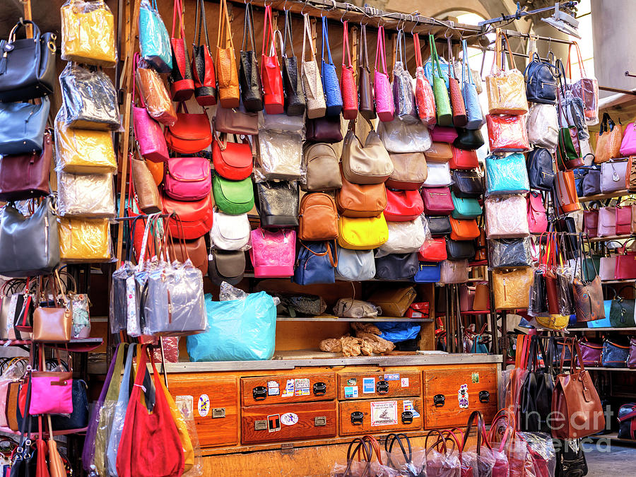 Leather Bag Colors at the Mercato del Porcellino in Florence Photograph by John Rizzuto