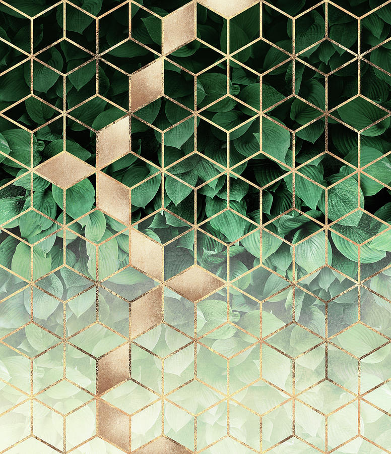 Abstract Digital Art - Leaves And Cubes by Elisabeth Fredriksson