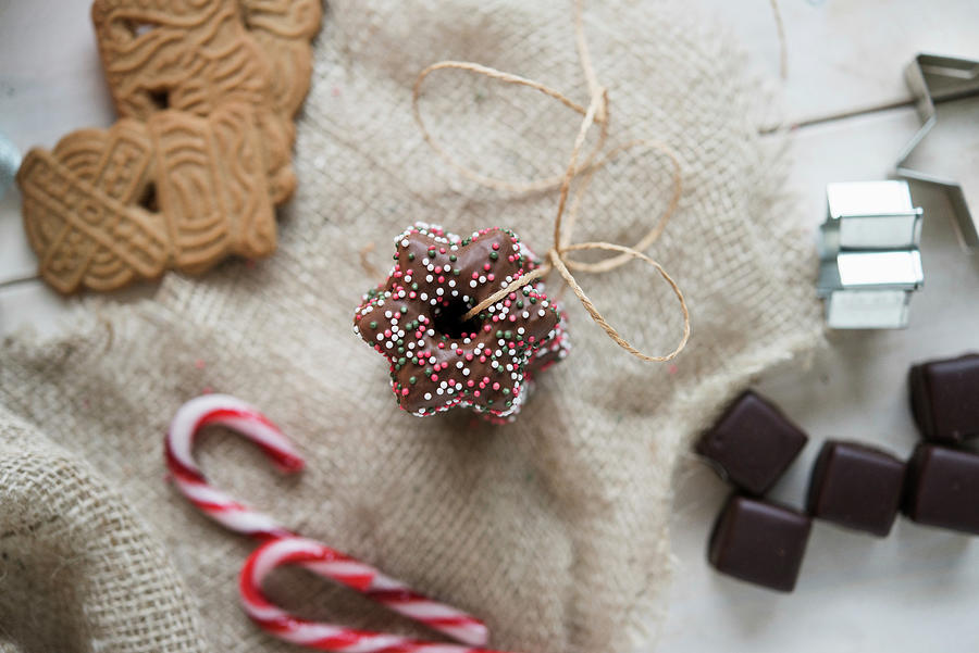 Lebkuchen Stars, Gingerbread Biscuits And Dominosteine chocolate Covered Sweets With Marzipan And Gingerbread Photograph by Jelena Filipinski