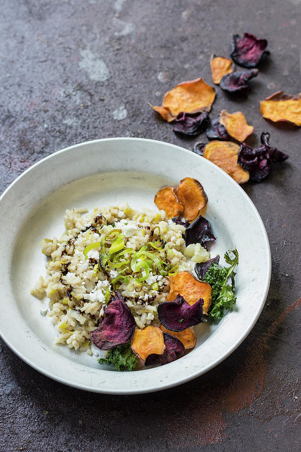Leek And Goat Cheese Risotto With Balsamic Vinegar, Beetroot, Sweet Potato And Kale Crisps Photograph by Zuzanna Ploch