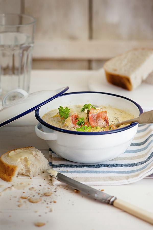 Leek And Potato Soup With Bacon And Bread Photograph by Magdalena Hendey