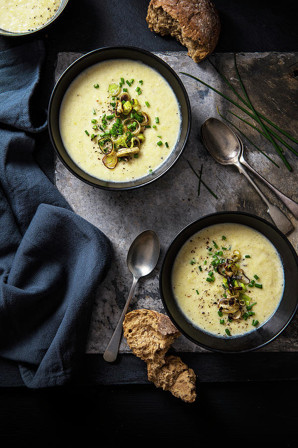 Leek And Potato Soup With Fried Leeks And Chive, View From Above Photograph by Magdalena Hendey