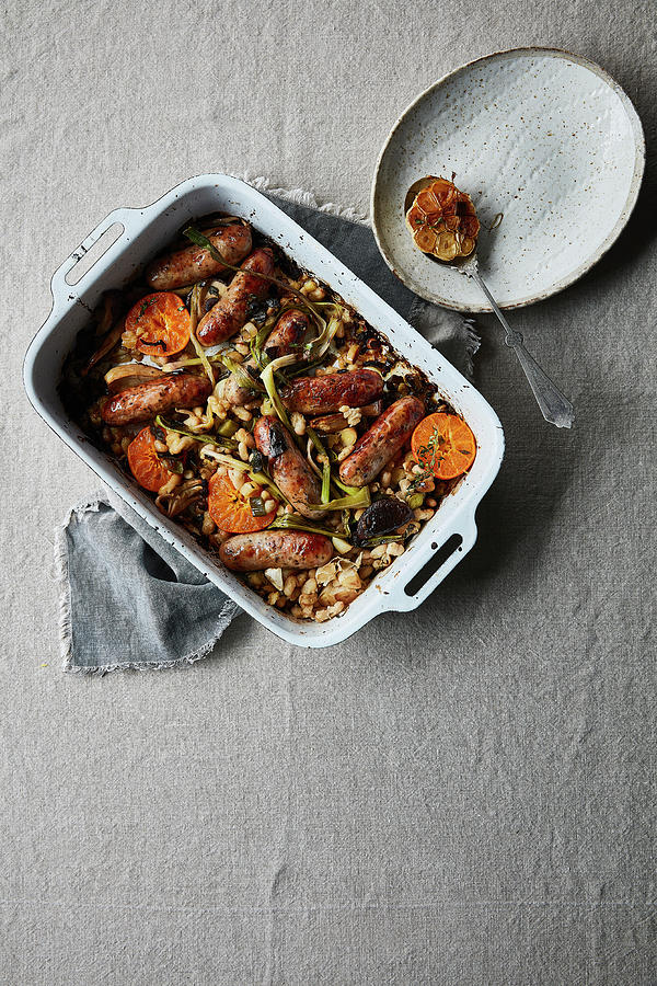 Leek, Pork Banger And Cannellini Bean Casserole Photograph by Great Stock!