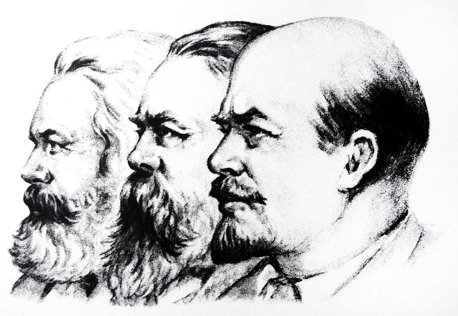 Left to Right Karl Marx Friedrich Engels Vladimir Lenin Drawing by Russian School