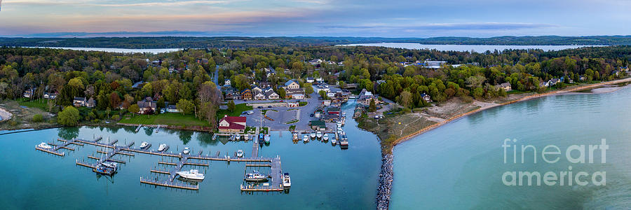 Leland Photograph - Leland Harbor Evening Aerial Panorama by Twenty Two North Photography