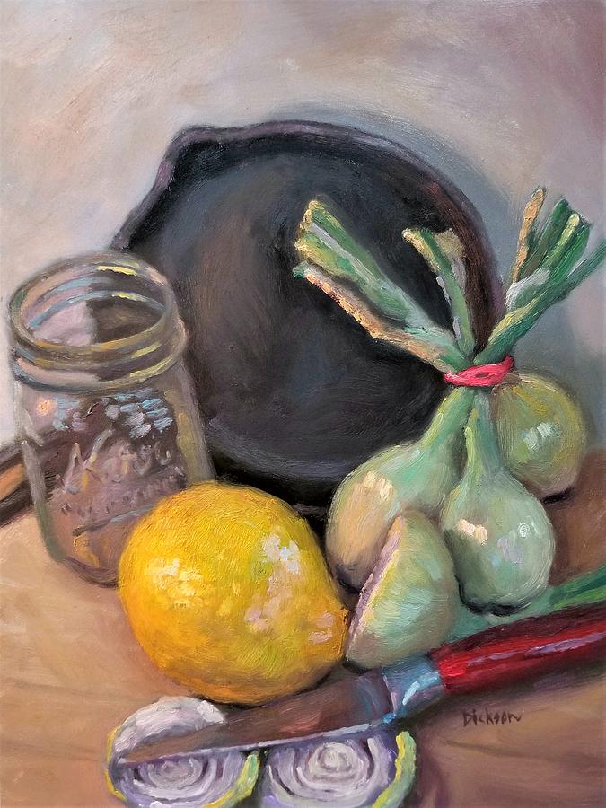 Lemon and onions Painting by Jeff Dickson