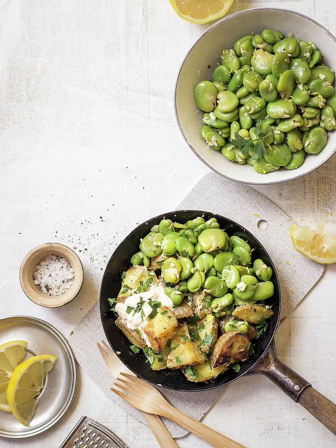 Lemon Broad Beans Served With Fried Potatoes, Harissa And Parsley Photograph by Zuzanna Ploch