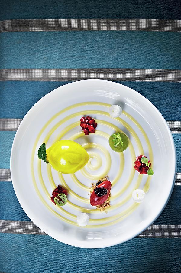 Lemon Cream With Woodruff And Gin Jelly And Strawberry And Balsamic Ice Cream Photograph by Jalag / Maria Schiffer