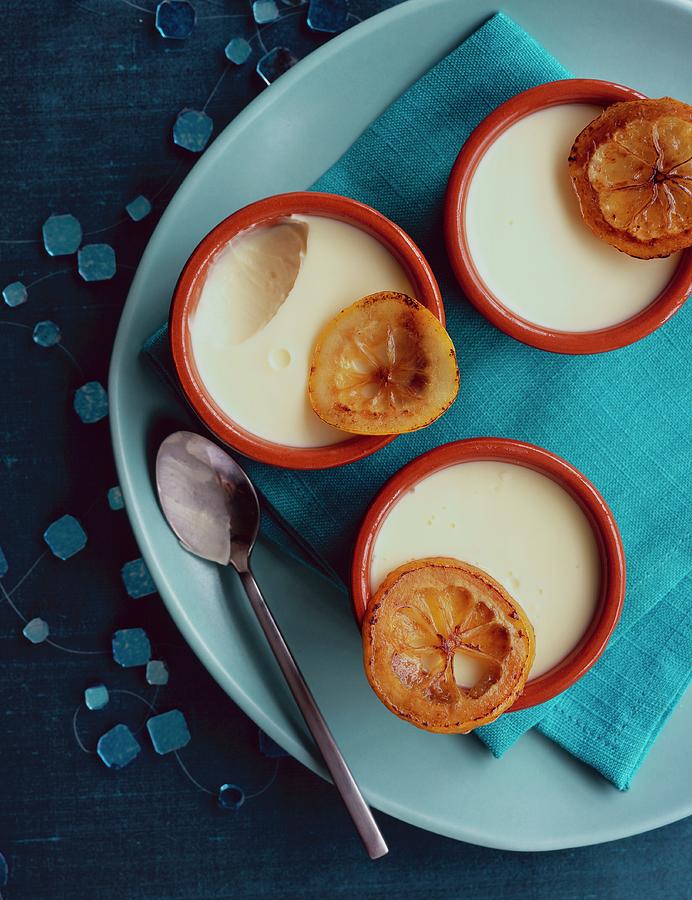 Lemon Creme Caramel In Small Bowls top View Photograph by Jonathan Gregson