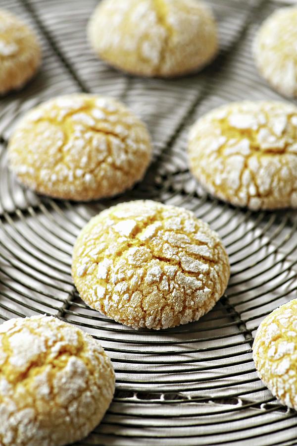 Lemon Crinkle Cookies On A Wire Rack Photograph by Alexandra Panella