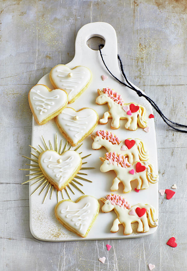 Lemon Hearts With Marzipan, And Unicorn Biscuits Photograph by Jalag / Julia Hoersch