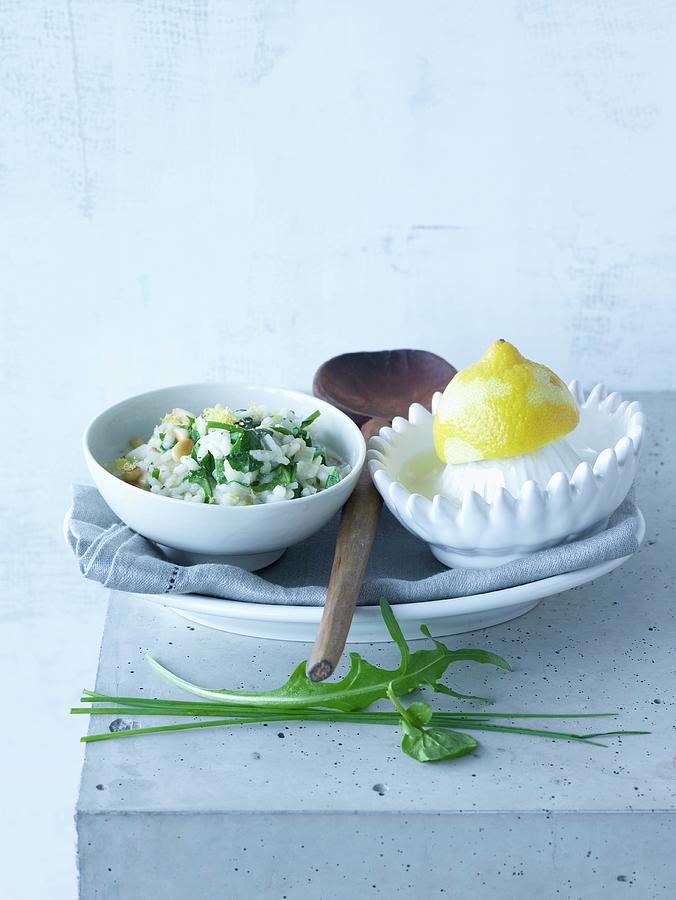 Lemon Risotto With Pine Nuts, Rocket, Cress And Pecorino Cheese Photograph by Jalag / Janne Peters