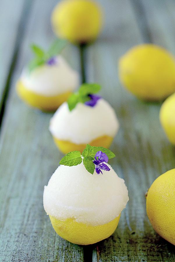 Lemon Sorbet Served In Lemon Halves Photograph by Dorota Piekarska