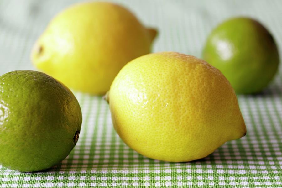 Lemons And Limes On A Green And White Checked Tablecloth Photograph by Lewis-harrison, Debby