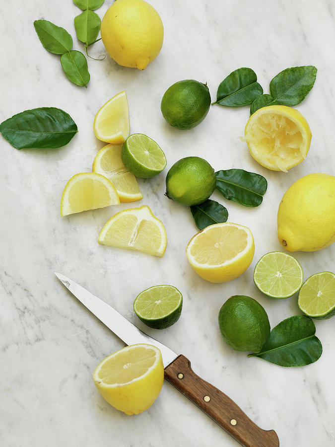 Lemons And Limes Whole, Halved, And Sliced With Leaves Photograph by Hugh Johnson