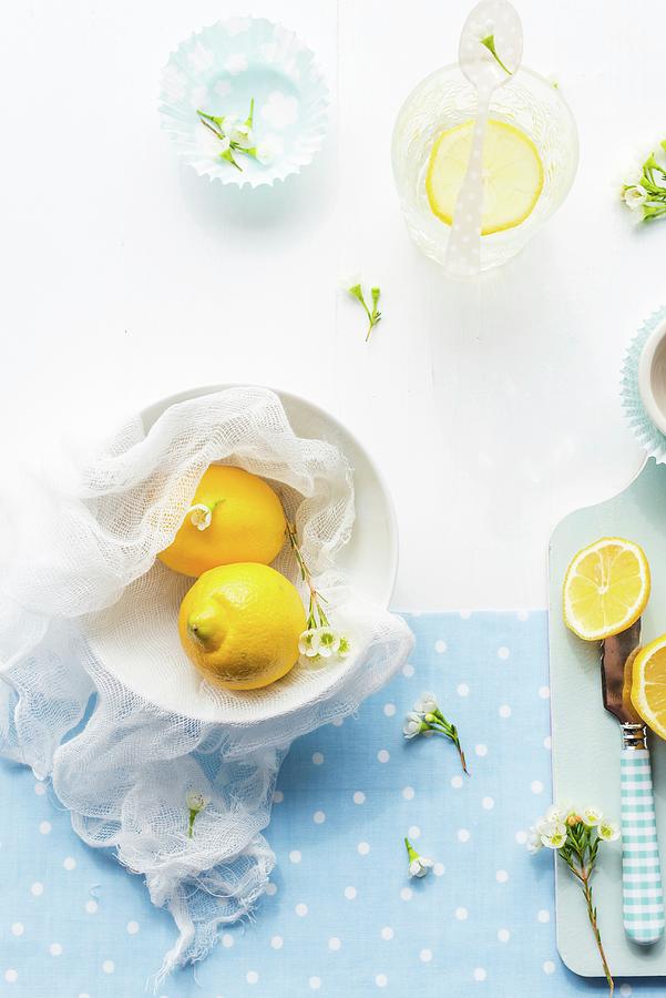 Lemons And Summer Flowers Photograph by Au Petit Gout Photography Llc